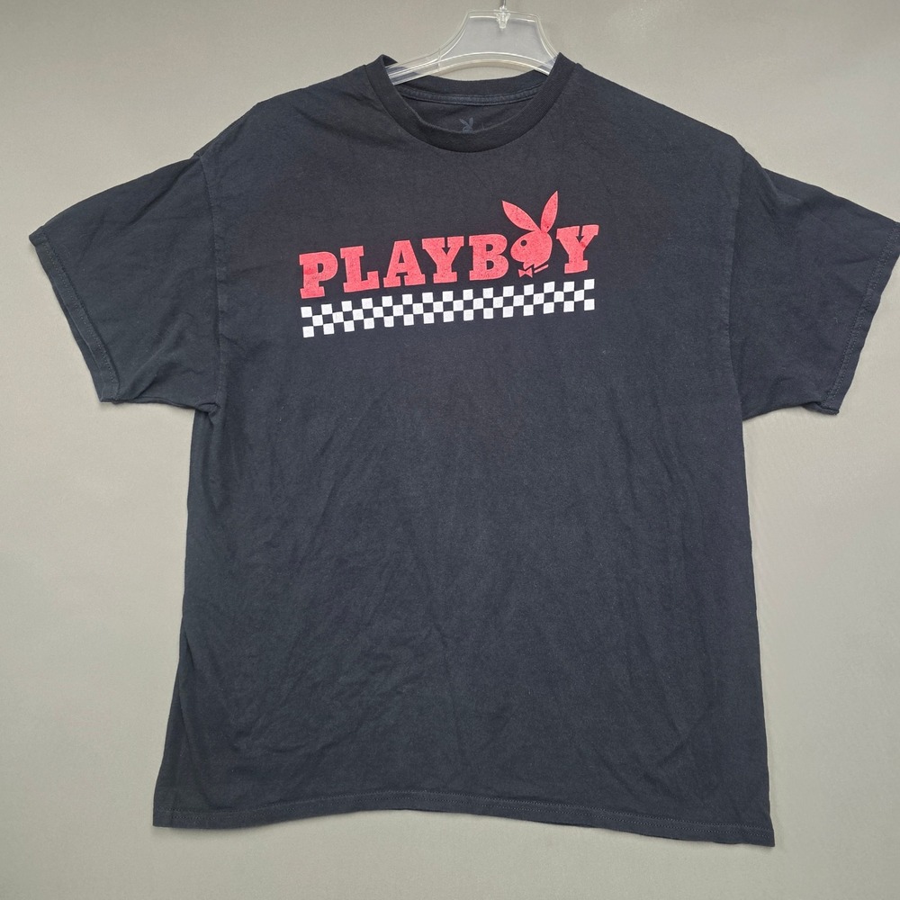Playboy Mens XL T-Shirt Black Red Logo Checkered Graphic Short Sleeve Cotton